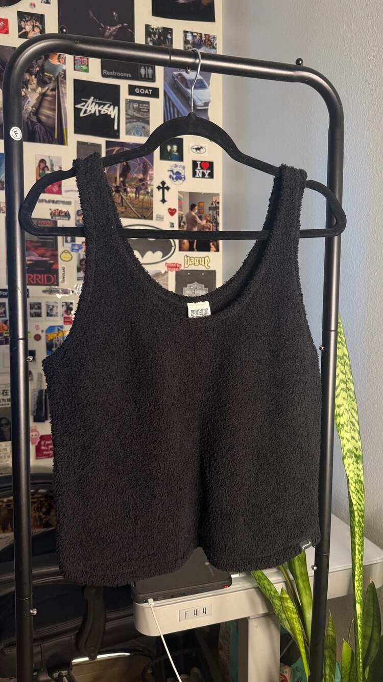 Pink Victoria's Secret Black Fuzzy Sleepwear Tank Top